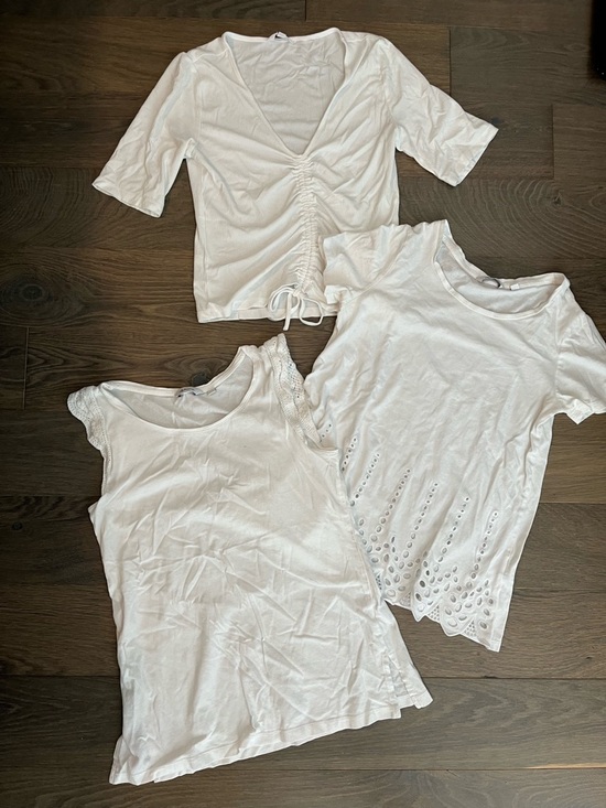 Reitmans Tops - Reitmans White Short Sleeve Tee Trio with Ruched V-Neck and Eyelet Details